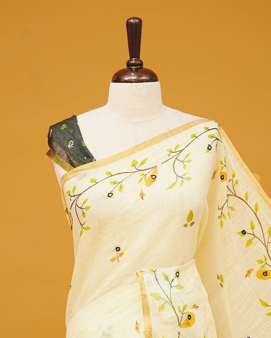 Butter yellow Colour Semi Linen Saree featuring birds print with mirror work, paired with matching printed blouse piece.
