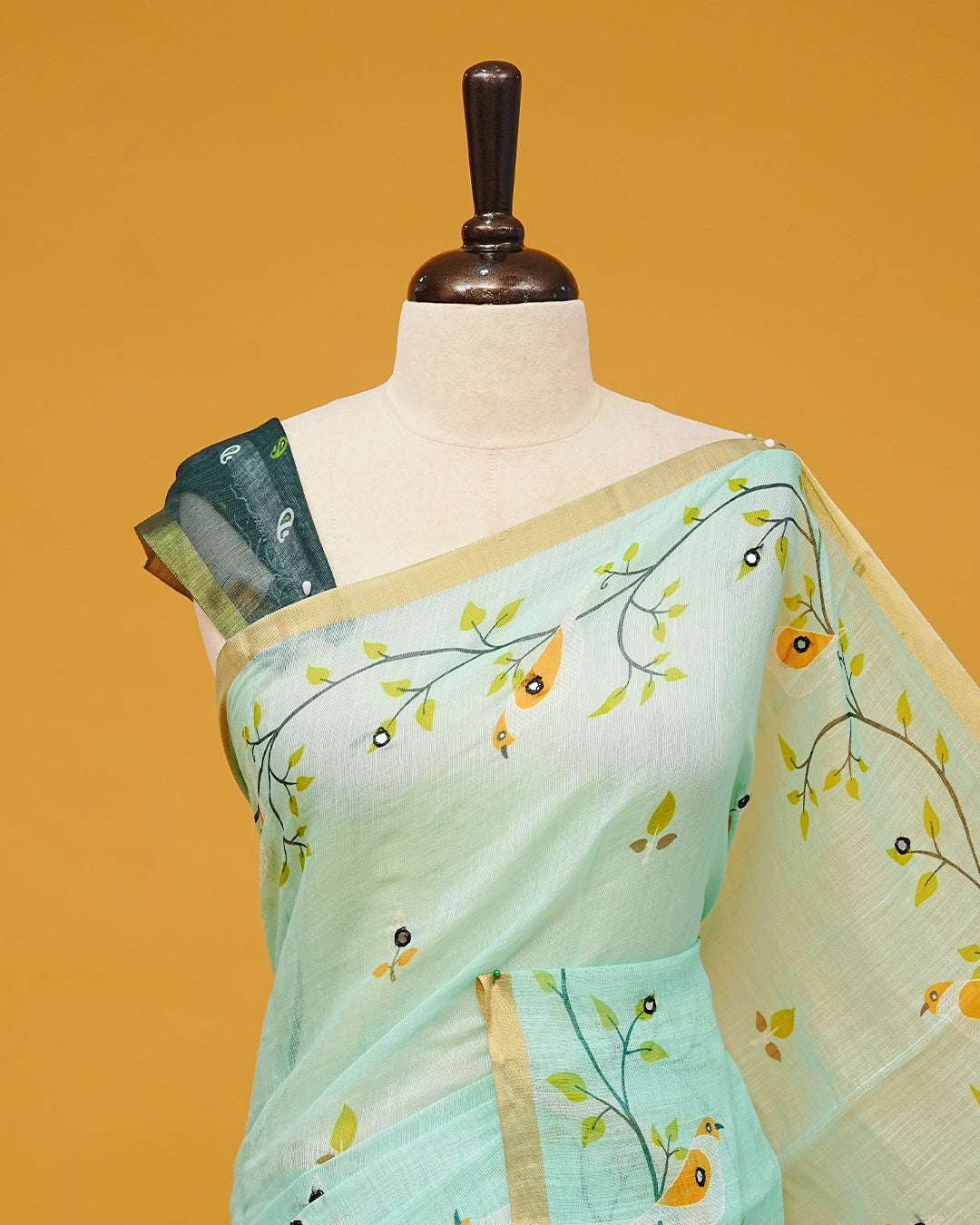 Light Aqua Colour Semi Linen Saree featuring birds print with mirror work, paired with matching printed blouse piece.