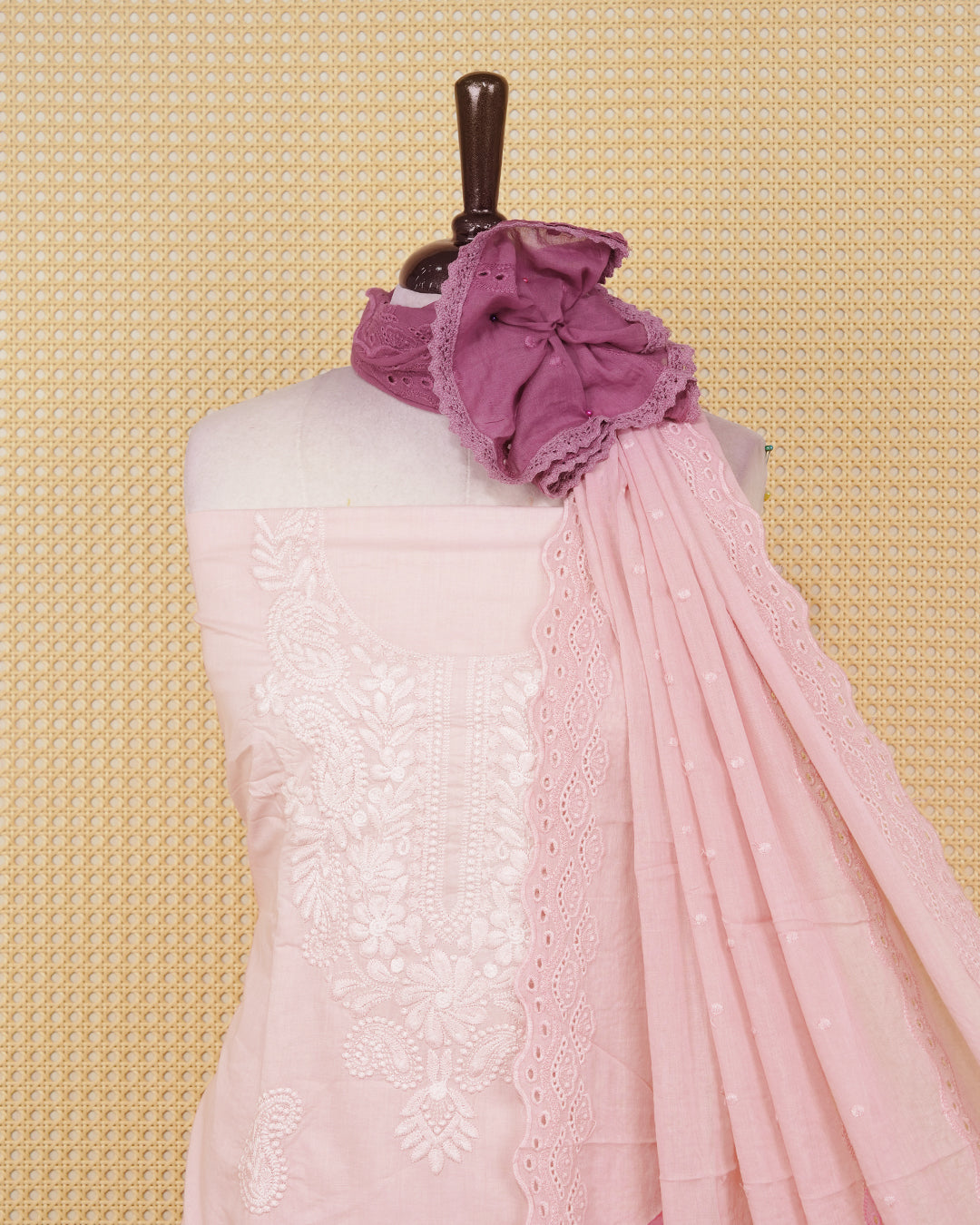 Baby Pink & Dark mauve colour half an half Cotton Salwar material featuring an elegant Floral Chikankari Work on the body, paired with a matching bottom and an elegant dupatta.