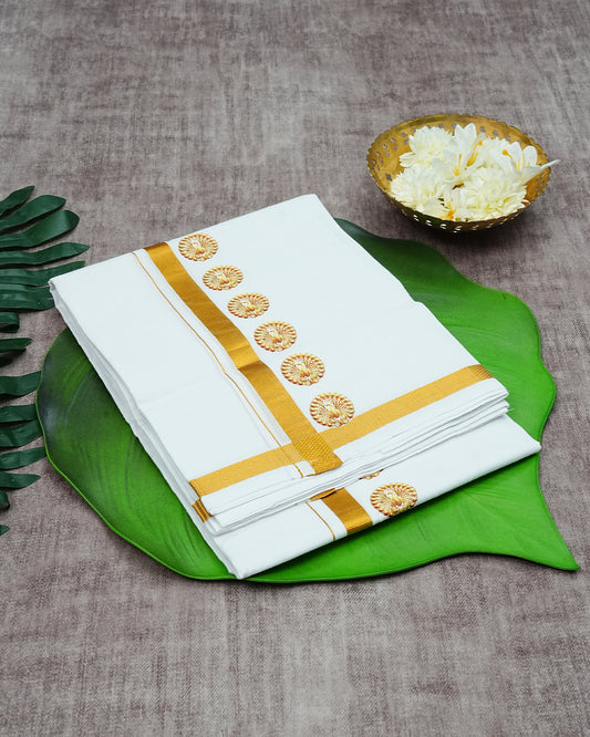 Off White Colour Cotton Double Dhoti Finished With A Peacock Prints & Gold kara.