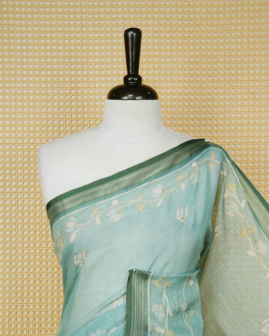 Pastel teal colour linen tissue BKU inspired saree.