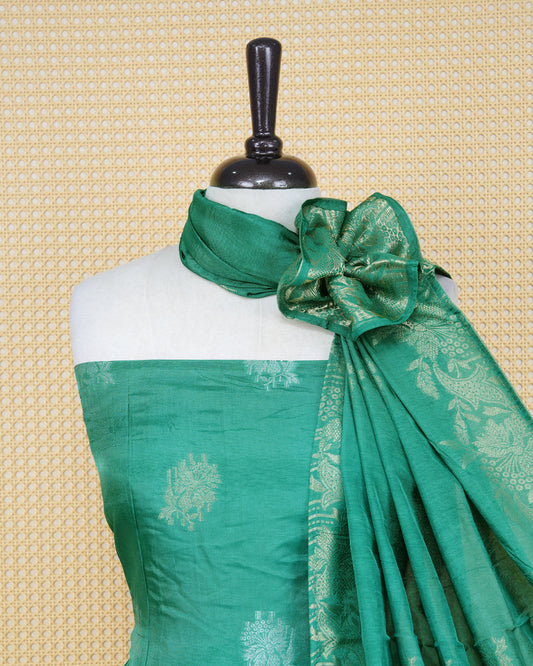 Green colour Banaras salwar material Featuring Gold & silver Zari Floral motifs on body, paired with matching bottom & Elegant Dupatta