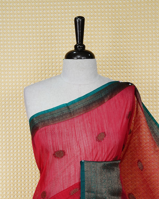 Red colour semi linen saree thread motifs on body, contrast mustard bottle green colour gold zari border, rich pallu comes with matching blouse piece