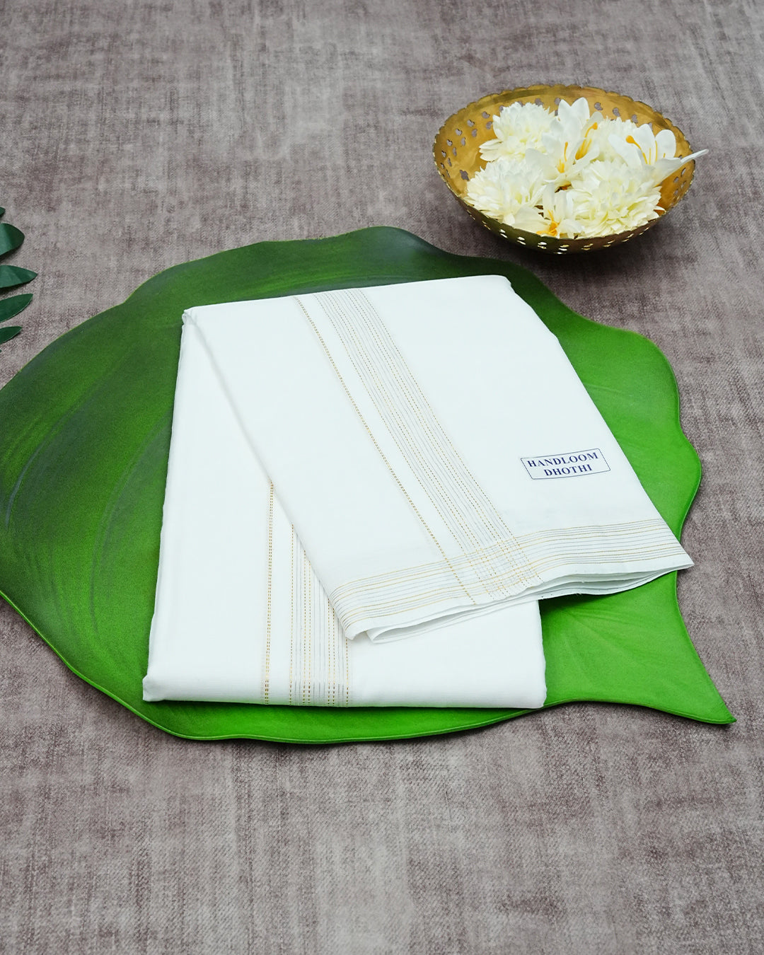 Off White Coloured  Handloom Cotton Double Dhoti Finished with Classic Dotted Silver & Gold Kara