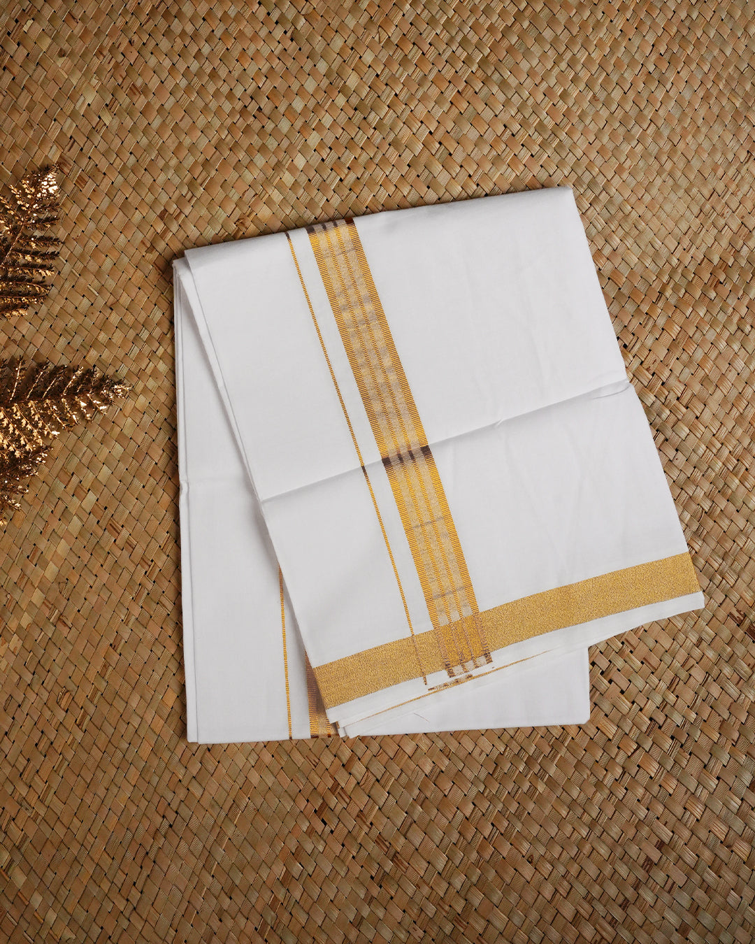 White colour cotton single dhoti featuring gold Kasav border.