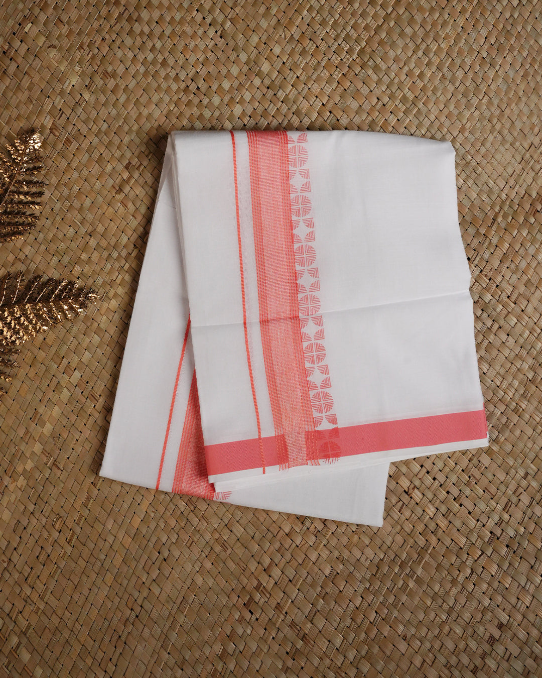 White colour cotton Double dhoti featuring Peach with geometric border.