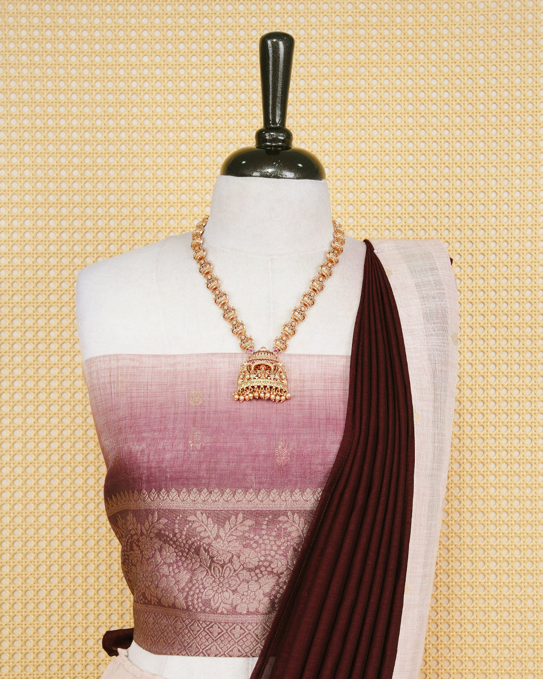 Cream ombre & burgundy colour Linen Silk Semi stitched dhavani set featuring buttas, zari bordered skirt & blouse piece and dupatta.