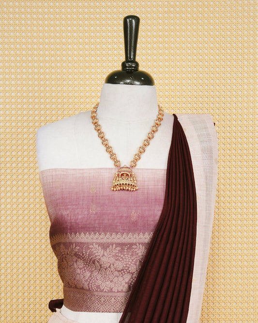 Cream ombre & burgundy colour Linen Silk Semi stitched dhavani set featuring buttas, zari bordered skirt & blouse piece and dupatta.