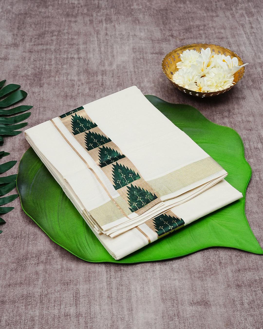 Cream Coloured Cotton Double Dhoti Finished with  Green Temple & Floral Printed Gold Kara