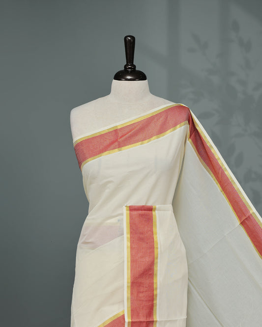 Cream colour Kerala saree Featuring an Elegant plain body, complemented by a classic gold & Red zari border, matching blouse piece.