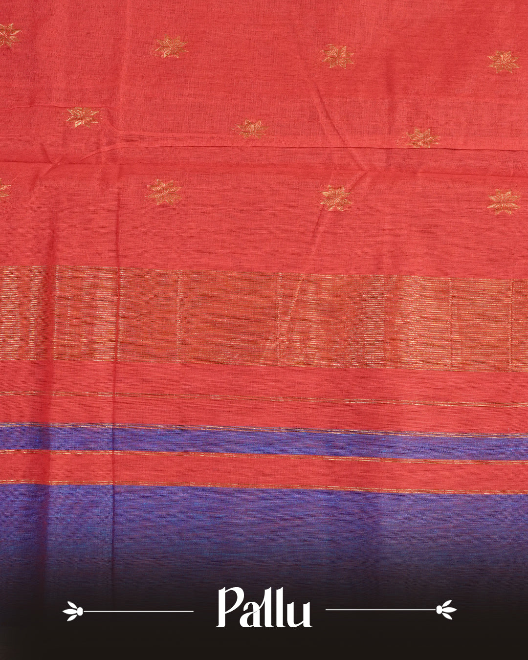 Blue & Red Dual colour kalyani cotton saree featuring gold zari Floral pattern on body, complemented by Red colour with Stripes & Floral Gold zari border, paired with matching blouse piece