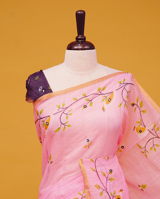 Pink Colour Semi Linen Saree