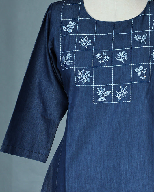 Blue Denim Design Colour Kurti featuring Thread Box with Floral motifs Work On body , a U neckline, With sleeve.