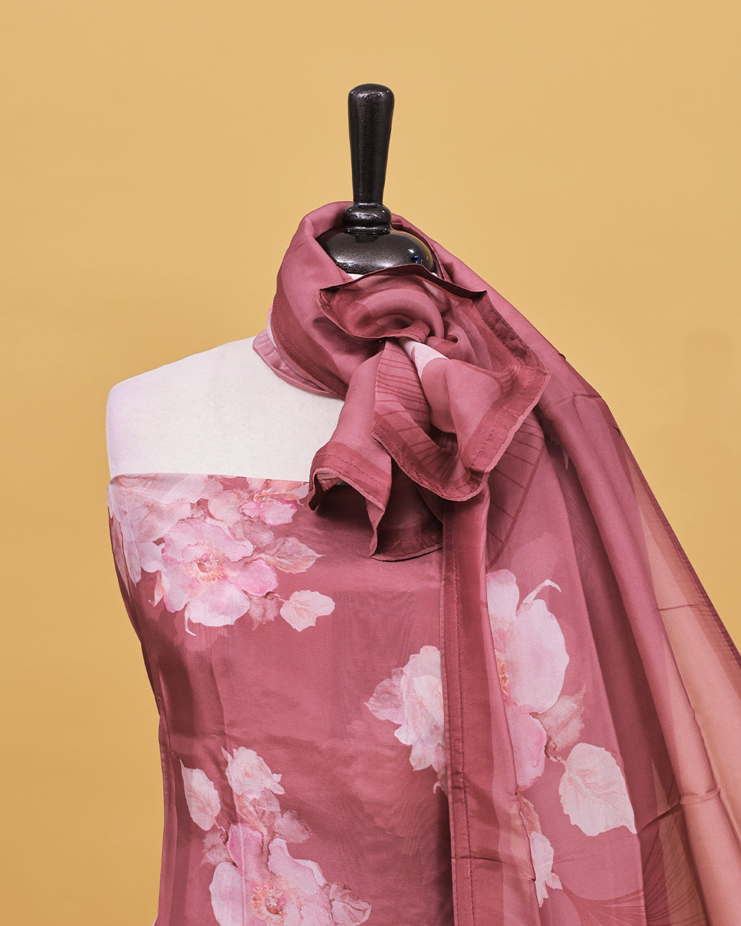Mauve colour Organza Salwar material with Floral print work on body, matching bottom & Dupatta.