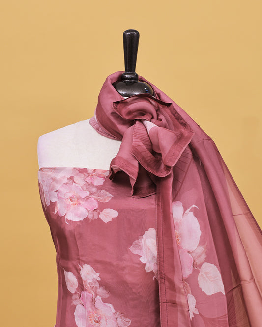Mauve colour Organza Salwar material with Floral print work on body, matching bottom & Dupatta.