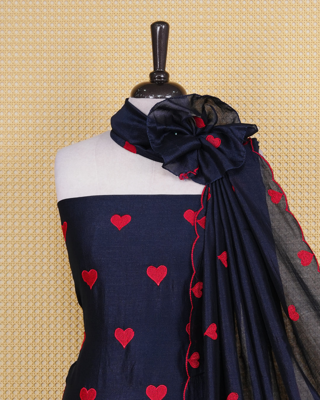 Dark Blue Colour Georgette Salwar Material Featuring Red Heart Shape Thread Work on body, Paired With Matching Bottom & Elegant Dupatta