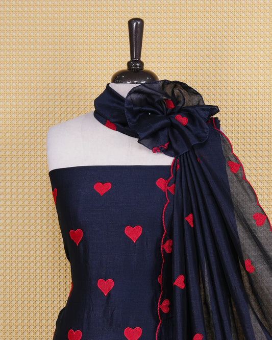 Dark Blue Colour Georgette Salwar Material Featuring Red Heart Shape Thread Work on body, Paired With Matching Bottom & Elegant Dupatta
