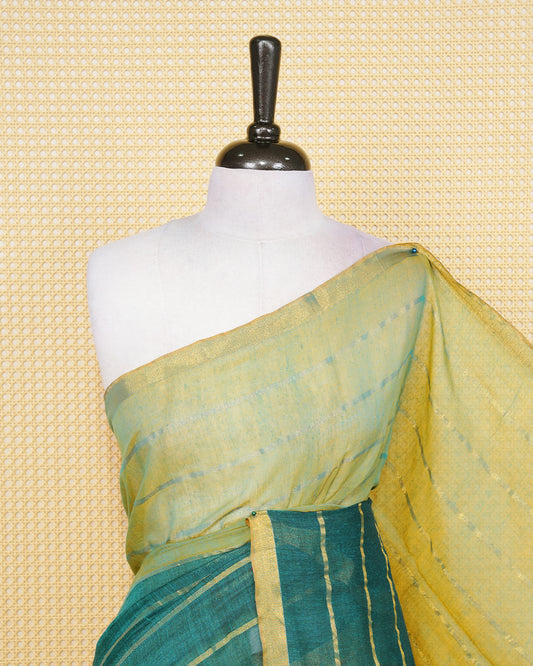 Deep teal & gold colour mul cotton saree