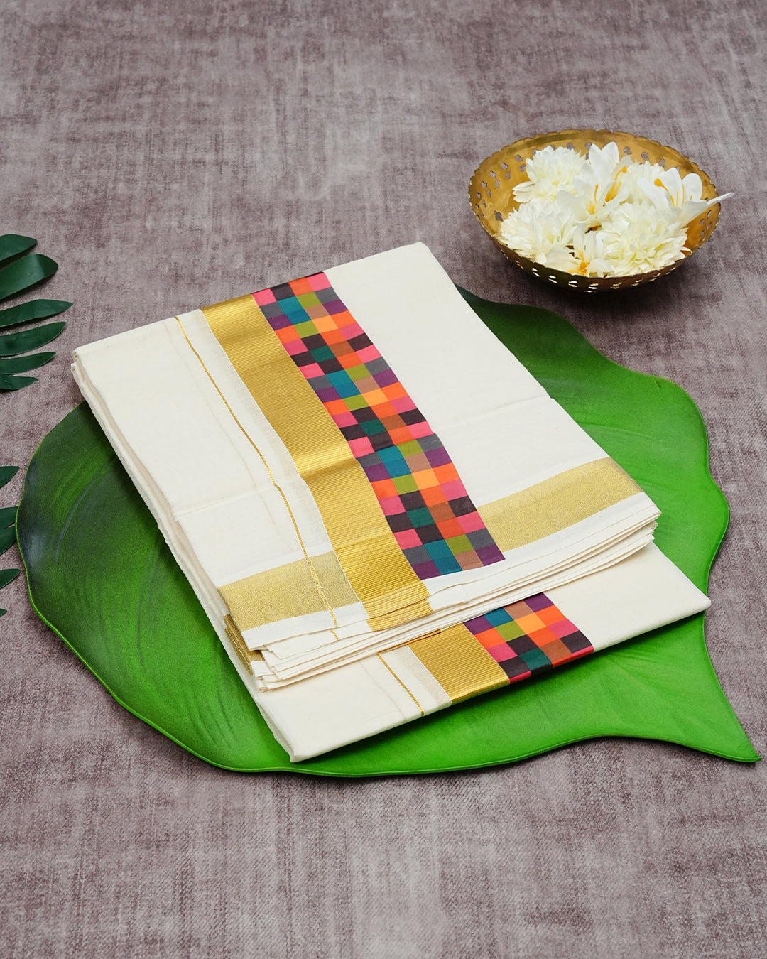 Cream Coloured Cotton Double Dhoti Finished with Multi Colour Checks & Gold Kara