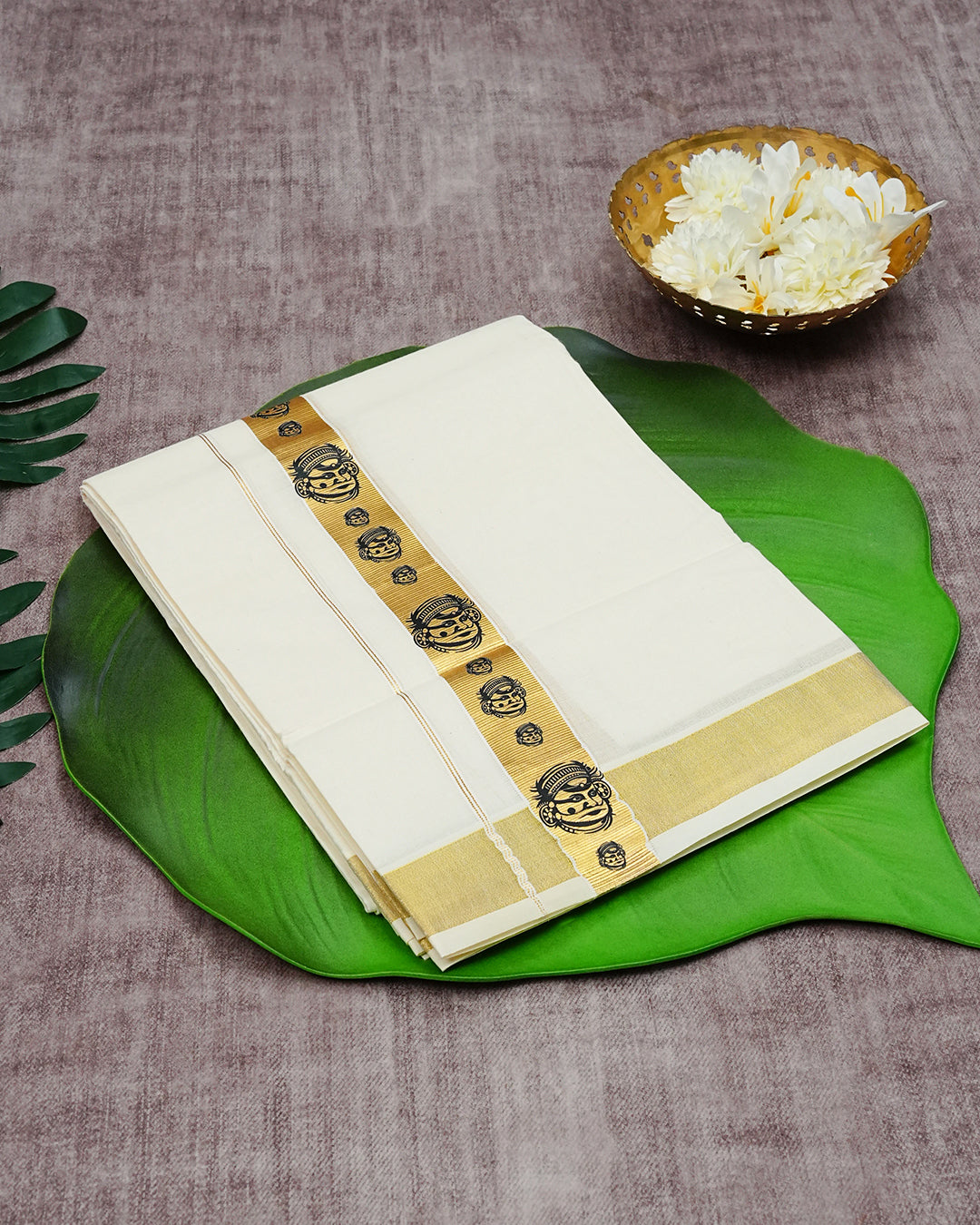 Cream Coloured Cotton Double Dhoti Finished with Traditional Art Form Print On Gold Kara