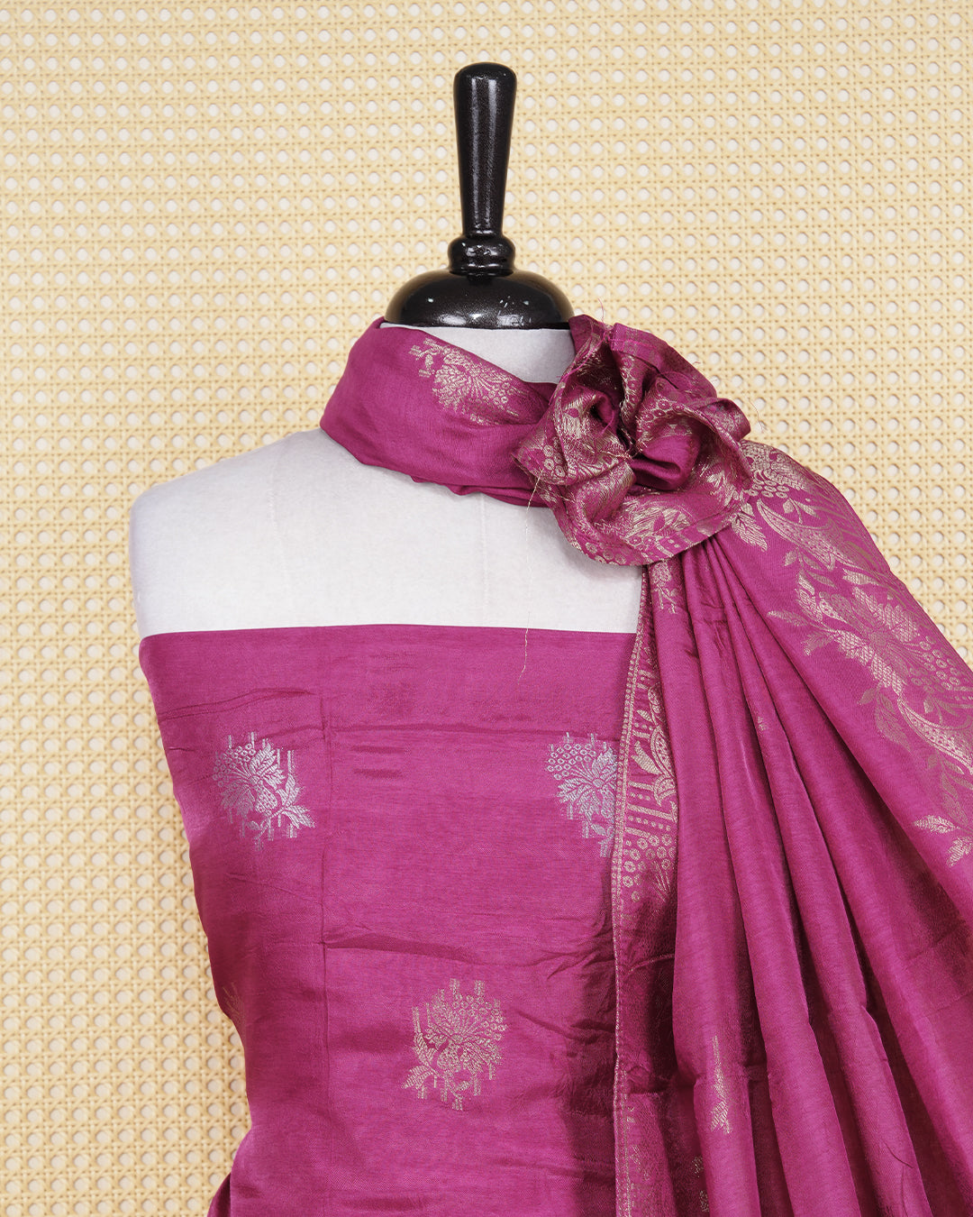 Magenta Pink Silk Salwar Matirial Features an Elegant Floral Embroidary Pattern Aborned With Simmering Metalic Thread Work, Paired with matching bottom & elegant Dupatta