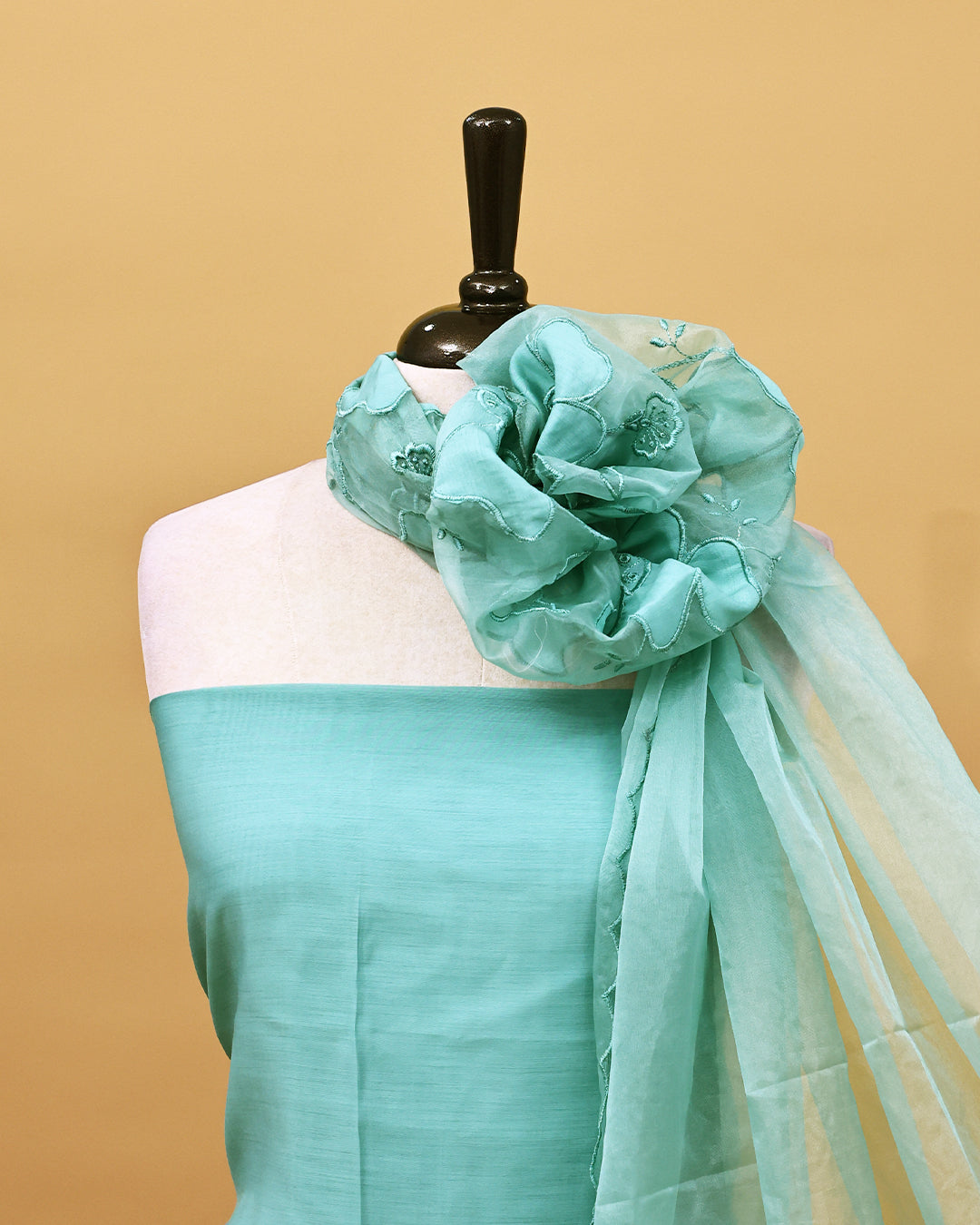 Sage Green colour Appliqué Salwar material with Plain body, matching bottom & Applique design on Dupatta.