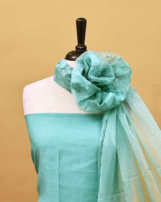 Sage Green colour Appliqué Salwar material with Plain body, matching bottom & Applique design on Dupatta.