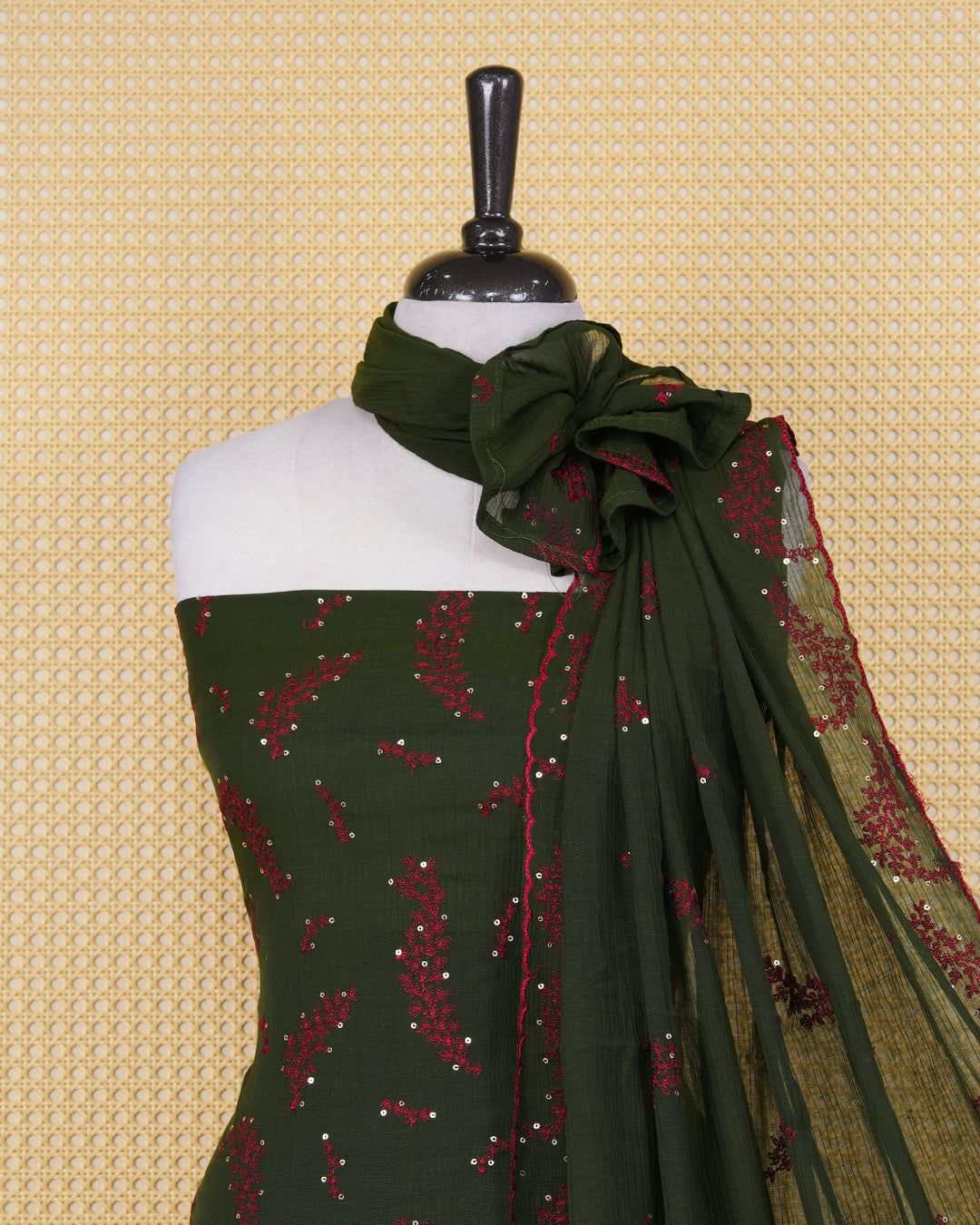 Hard Green colour Organza Salwar Material Featuring Gold Thread and Mirorr Work on body, paired with matching Bottom & Elegant Dupatta.