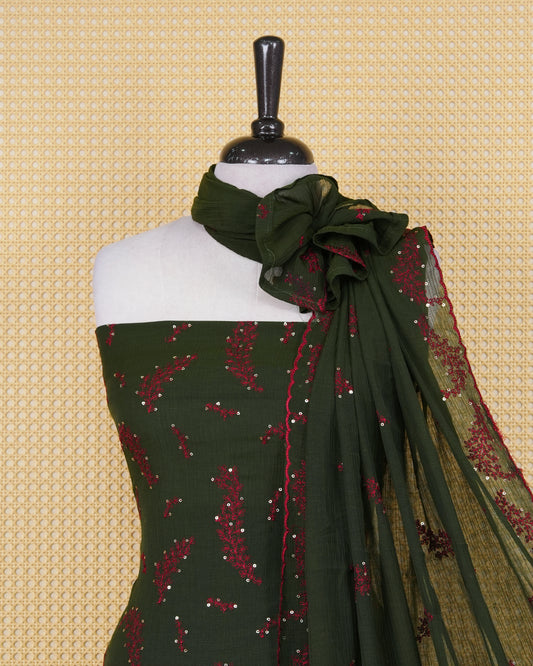 Hard Green colour Organza Salwar Material Featuring Gold Thread and Mirorr Work on body, paired with matching Bottom & Elegant Dupatta.