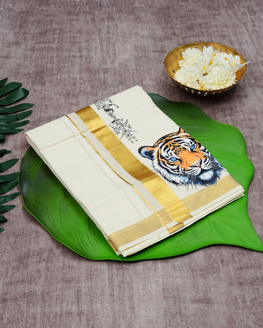 Cream Coloured Cotton Double Dhoti with Onam Themed Prints and Gold Kara