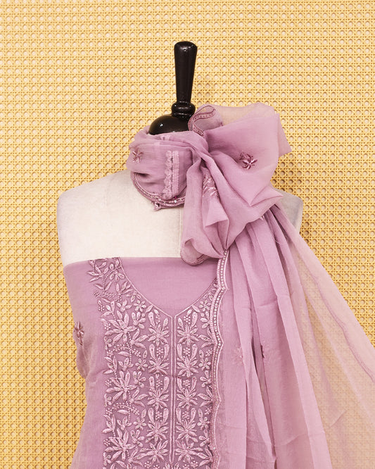 Pastel Purple colour Crush organza salwar material featuring thread work on body, paired with Matching bottom & dupatta.