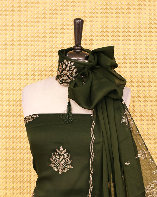 Olive Green colour salwar material featuring Thread with Sequin work on body, paired with matching bottom & dupatta.