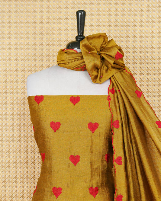 Golden Olive Colour Georgette Salwar Material Featuring Red Heart Shape Thread Work on body, Paired With Matching Bottom & Elegant Dupatta