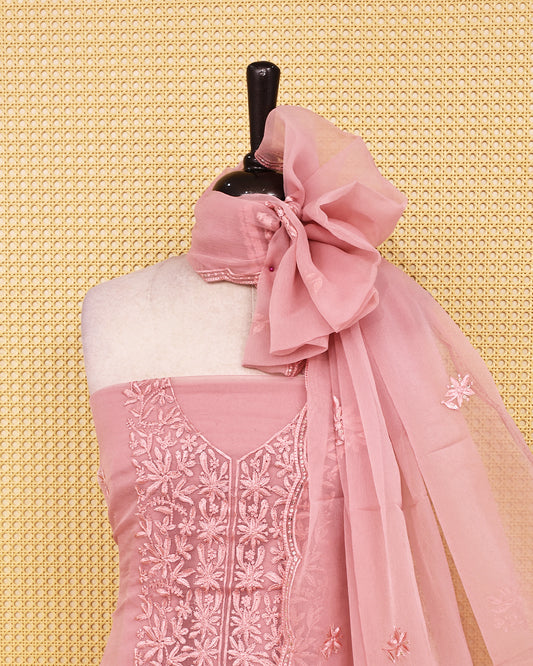 Pastel Pink colour Crush organza salwar material featuring thread work on body, paired with Matching bottom & dupatta.