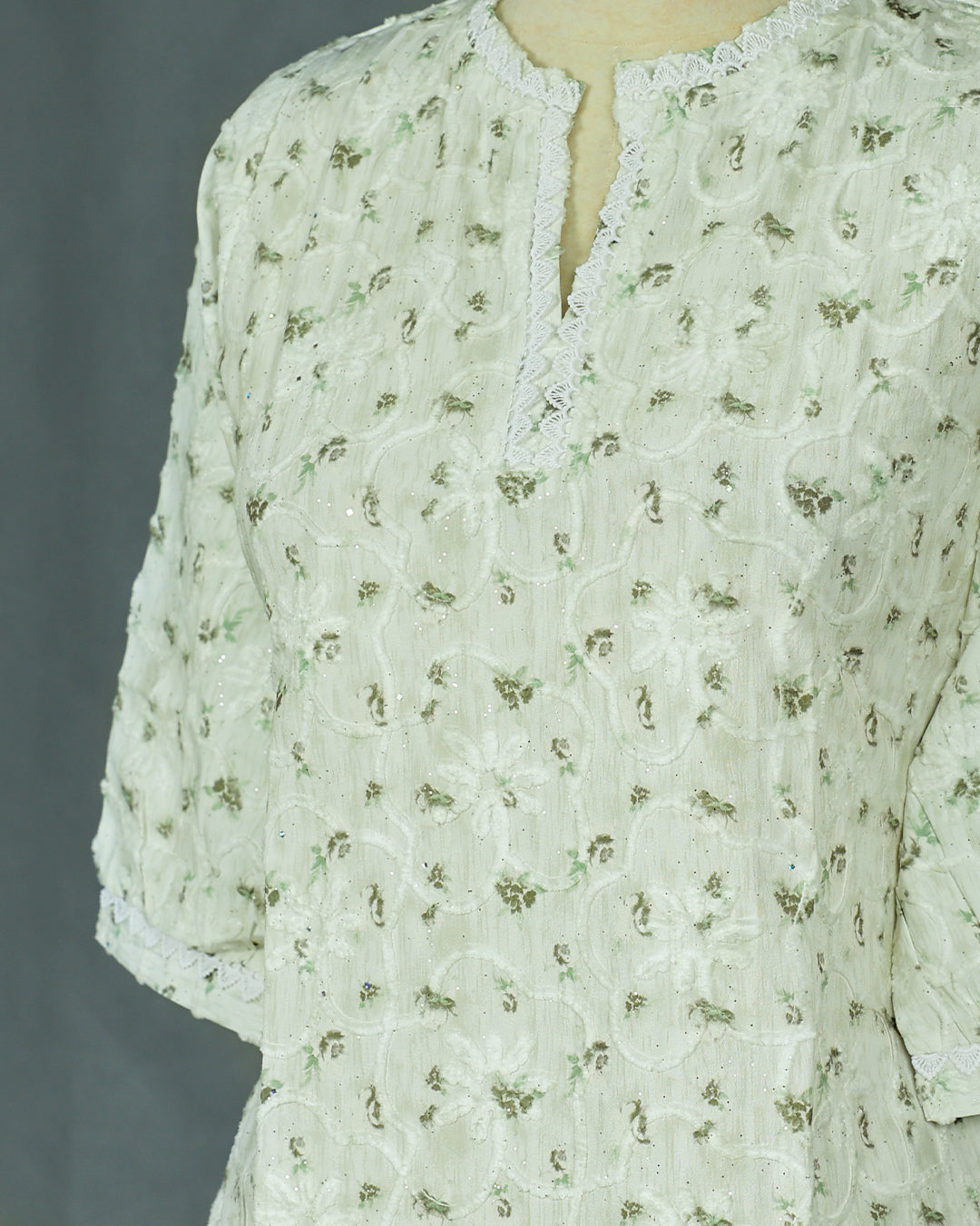 Light Green colour Thread work on body, Round with Slit neck design, With sleeve.