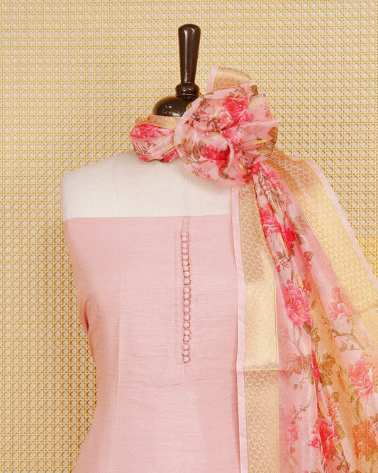 Peach Colour Organza Salwar Material Featuring Plain on body, Paired With Matching Bottom & Elegant Dupatta