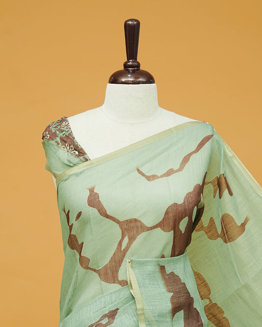Piata green Colour Semi Linen Saree featuring contrast Digital prints, paired with matching printed blouse piece.