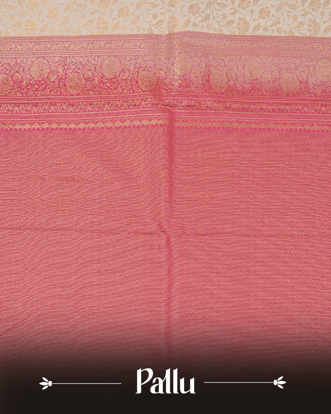 Cream colour semi wedding saree featuring gold zari Pattern on body, contrast Pink colour with traditional border, paired with matching blouse piece.