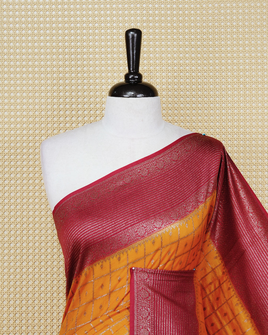 Mustard yellow Colour Semi georgette Saree having zari check with buttas pattern on body, contrast maroon colour floral designed border, Rich Pallu comes with Matching Blouse piece.