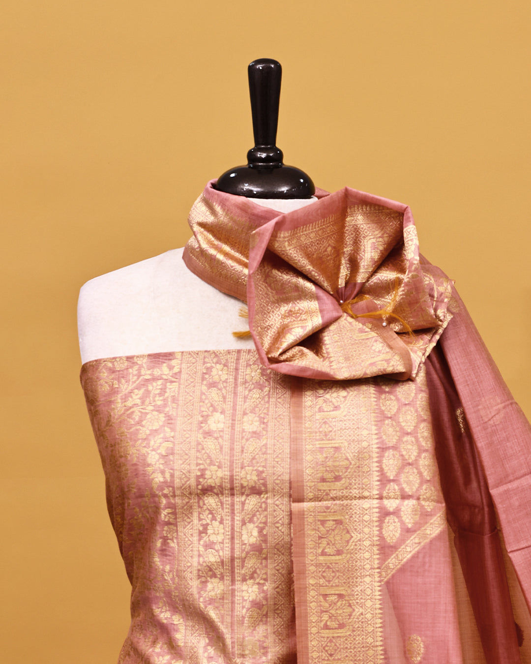 Pink colour Banaras Salwar material with gold zari floral kodi pattern work on body, matching bottom & Dupatta.