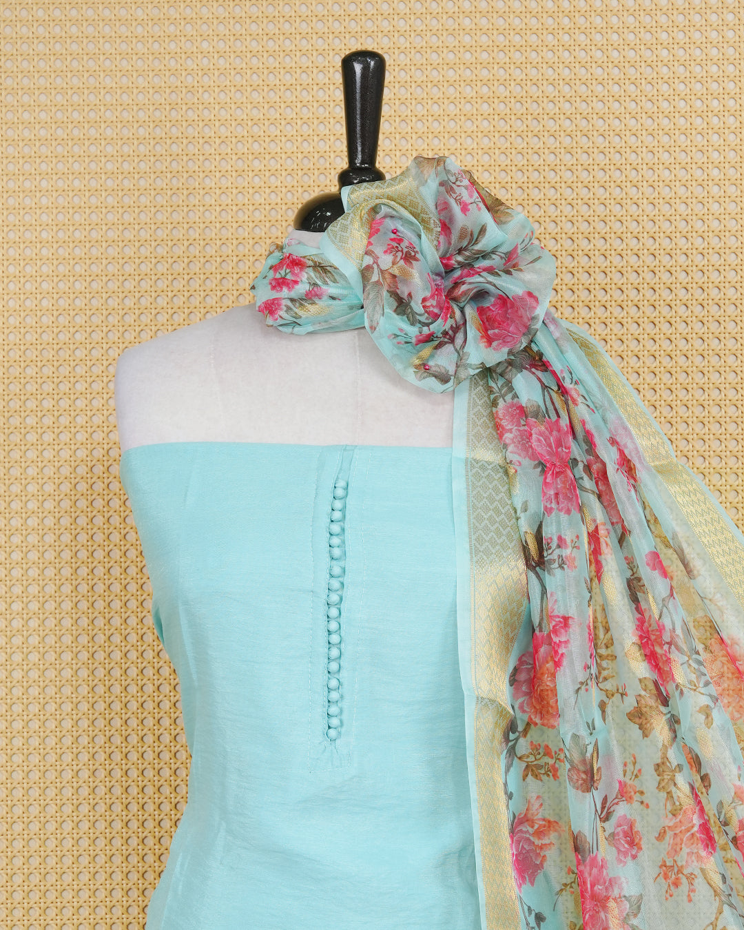 Sky blue Colour Organza Salwar Material Featuring Plain Body, Paired With Matching Bottom & Elegant Dupatta.