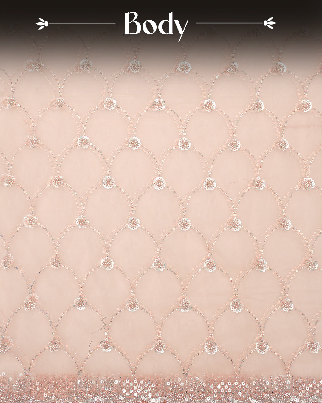 Peach colour designer saree featuring intricate bead and sequin work on the body and border, paired with a matching blouse piece.