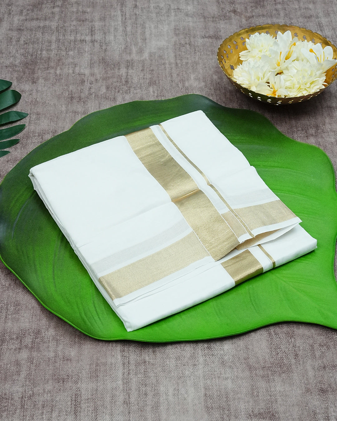 Off White Colour Cotton Double Dhoti Finished With A Classic Light Gold kara.