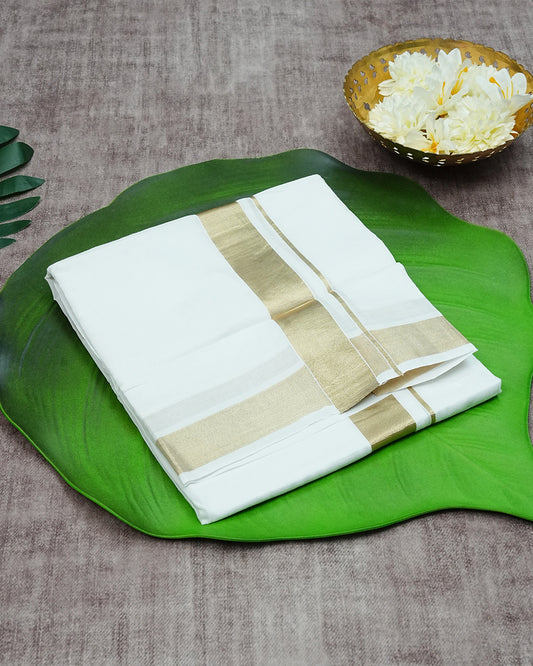 Off White Colour Cotton Double Dhoti Finished With A Classic Light Gold kara.