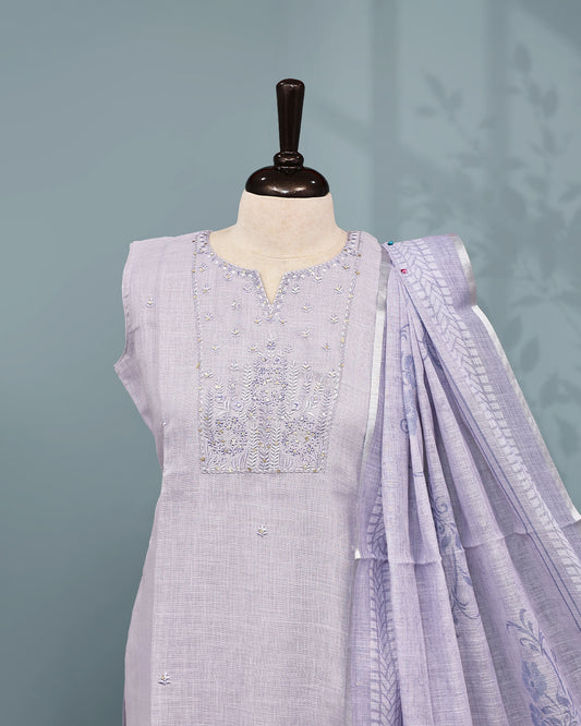 Lavender colour Salwar set comes top with Sequin work on body, paired with matching bottom and dupatta.