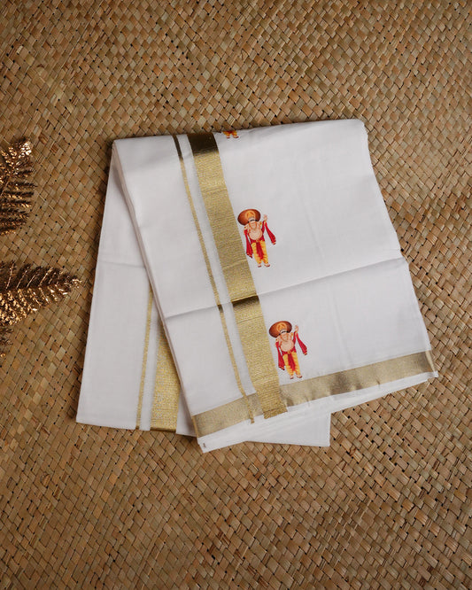 White colour cotton Double dhoti featuring Light Gold with Maveli print border.