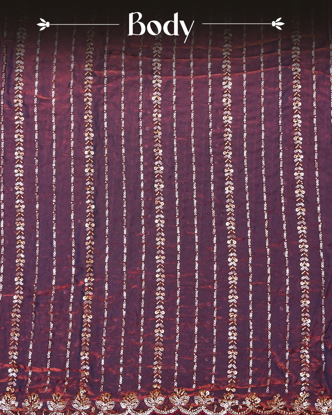 Wine colour Velvet chiffon designer saree featuring Sequins & cut beats strips on body and scallop border, comes with matching blouse piece.