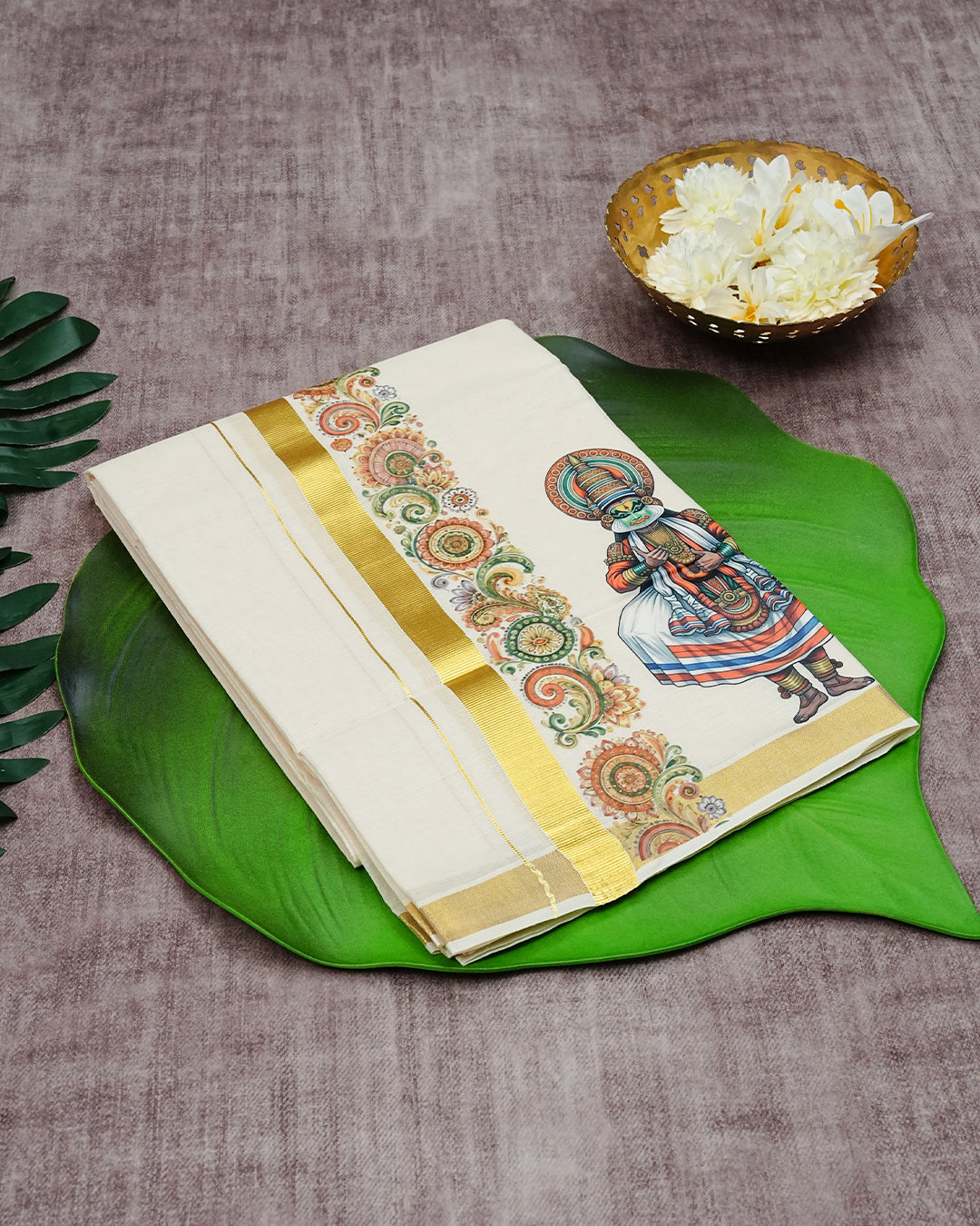 Cream Coloured Cotton Double Dhoti Finished with Floral Prints & Gold Kara