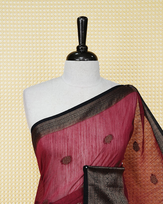 Maroon colour semi linen saree thread motifs on body, contrast dark colour gold zari border, rich pallu comes with matching blouse piece