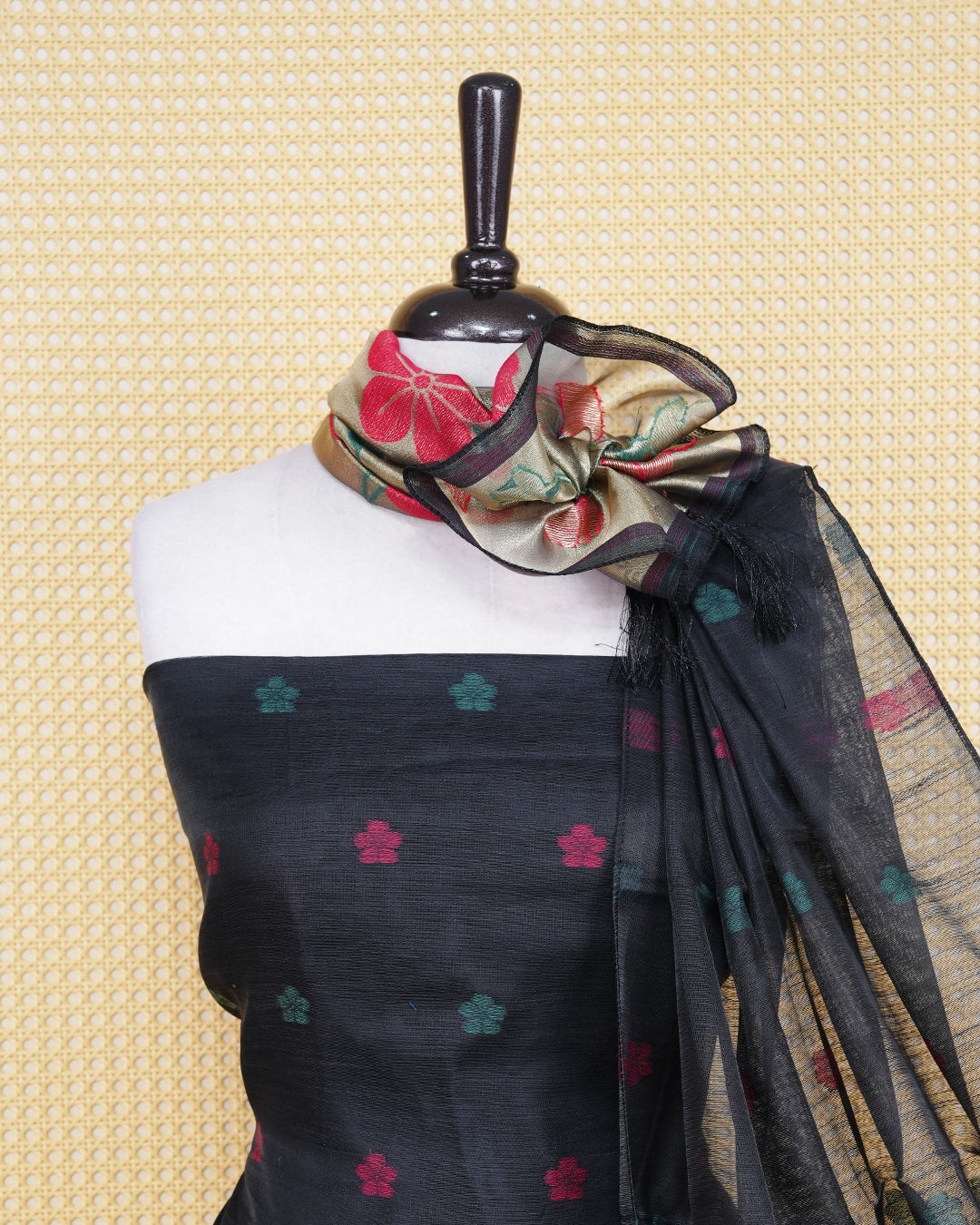 Black and Gold Colour Semi Linen Material Featuring Floral Thread Pattern Plain Body, Paired with Matching Bottom & Elegant Dupatta